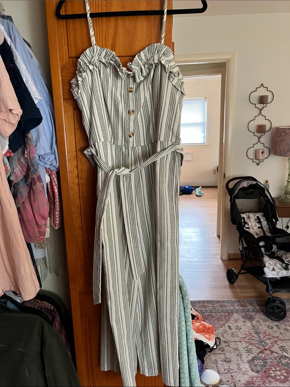 Striped Green and White Tie-Waist Sundress Jumpsuit